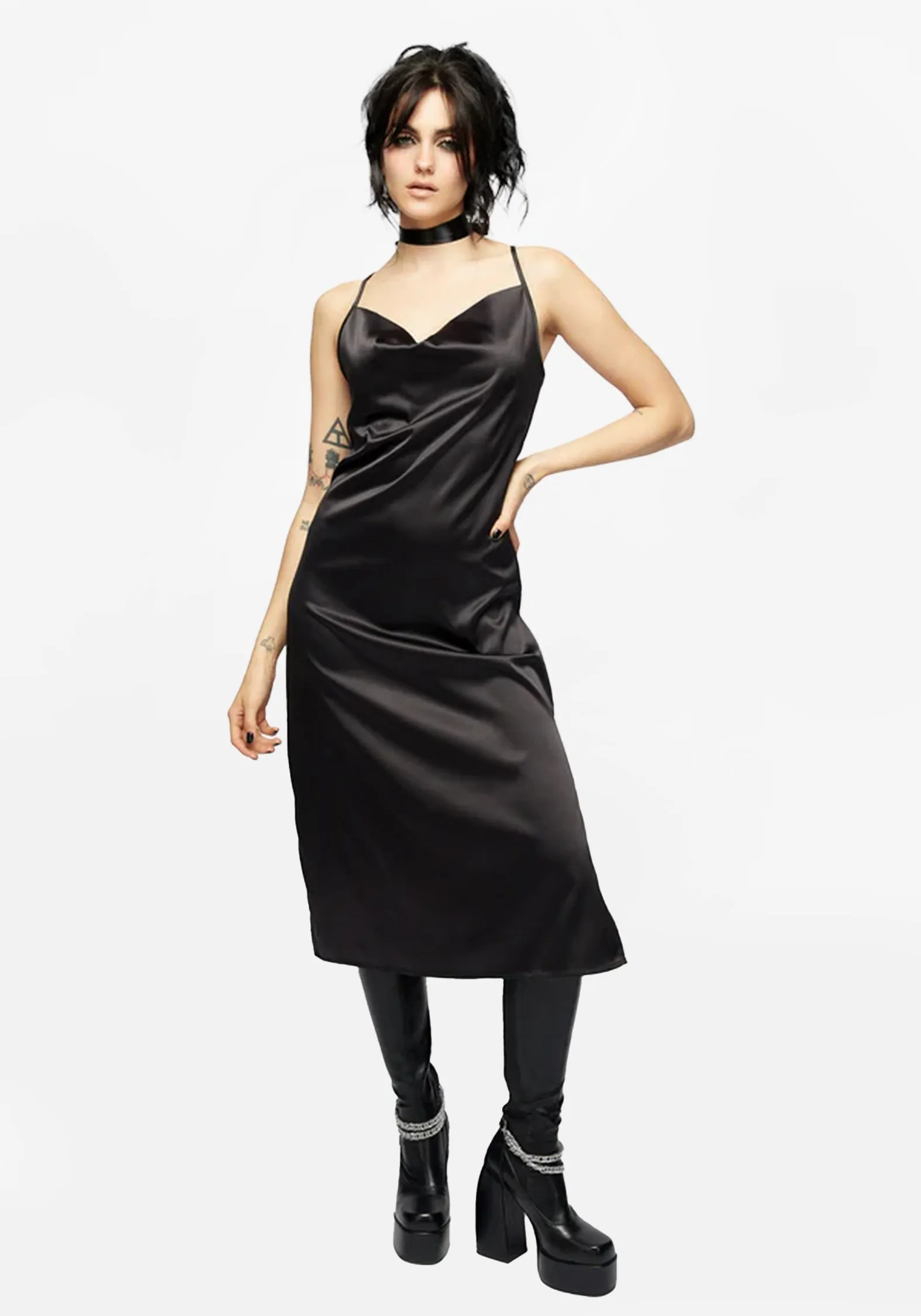 Medeina Cowl Neck Satin Midi Slip Dress - Midnight Black