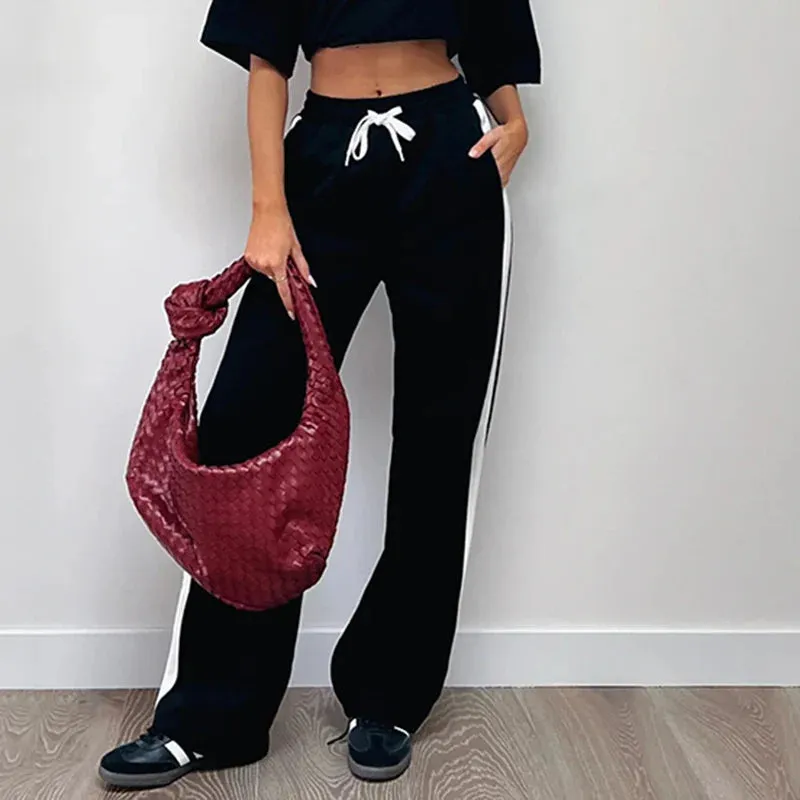 Metaversmall Streetwear Stripe Spliced Autumn Sweatpants Women Trousers Sporty Casual Elastic Waist Homewear Pants Straight Bottom