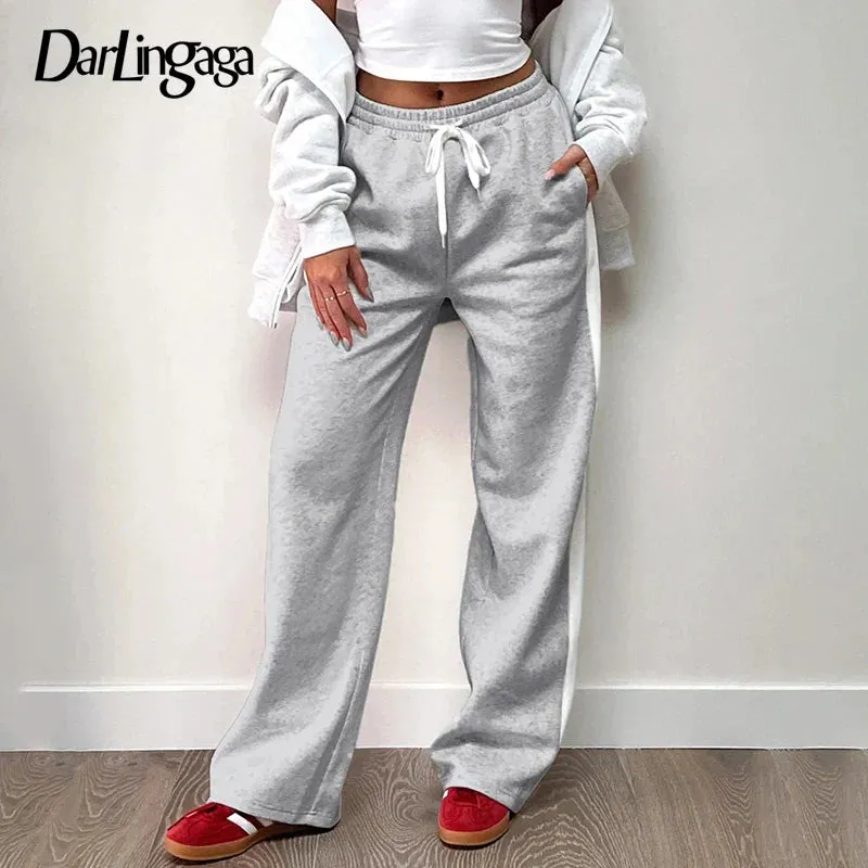 Metaversmall Streetwear Stripe Spliced Autumn Sweatpants Women Trousers Sporty Casual Elastic Waist Homewear Pants Straight Bottom