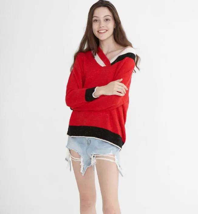 Mid-Length V Neck loose Women Tops Woolen Long Knit Sweater