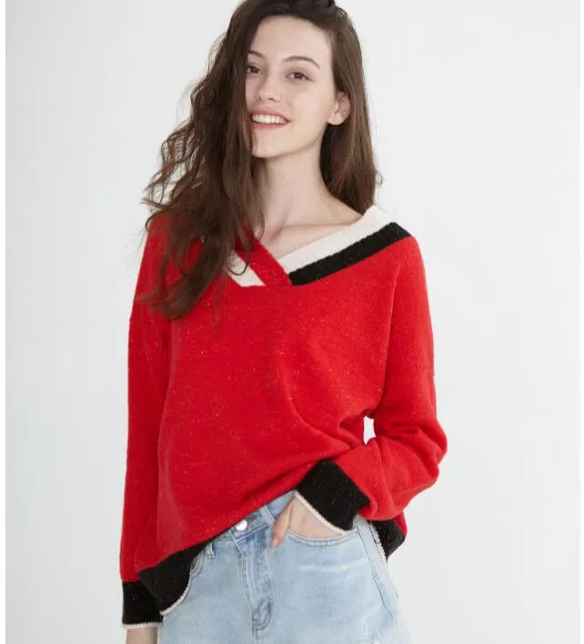 Mid-Length V Neck loose Women Tops Woolen Long Knit Sweater