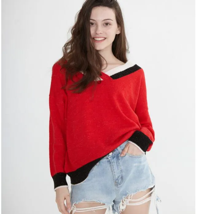 Mid-Length V Neck loose Women Tops Woolen Long Knit Sweater