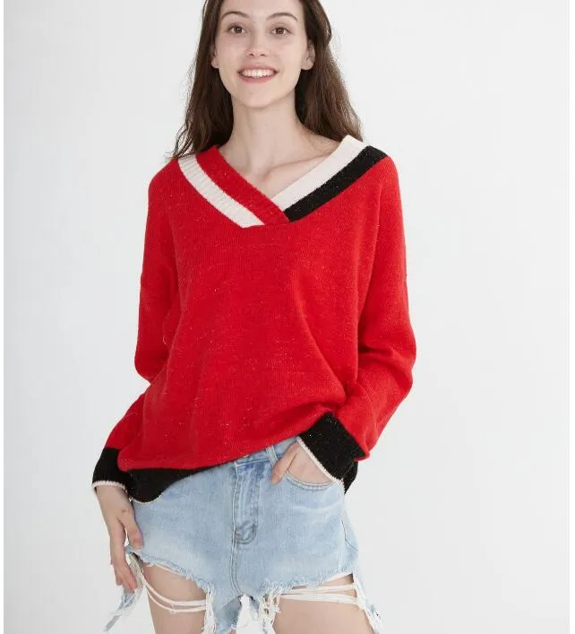 Mid-Length V Neck loose Women Tops Woolen Long Knit Sweater