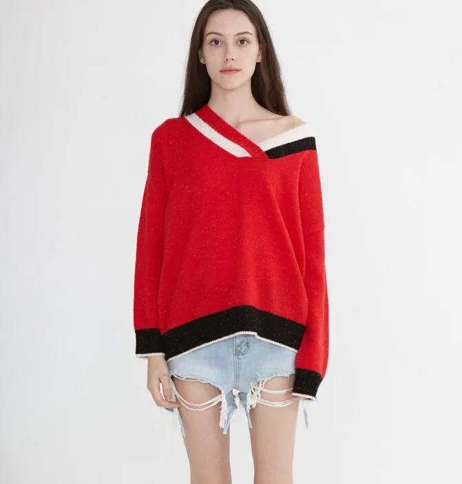 Mid-Length V Neck loose Women Tops Woolen Long Knit Sweater