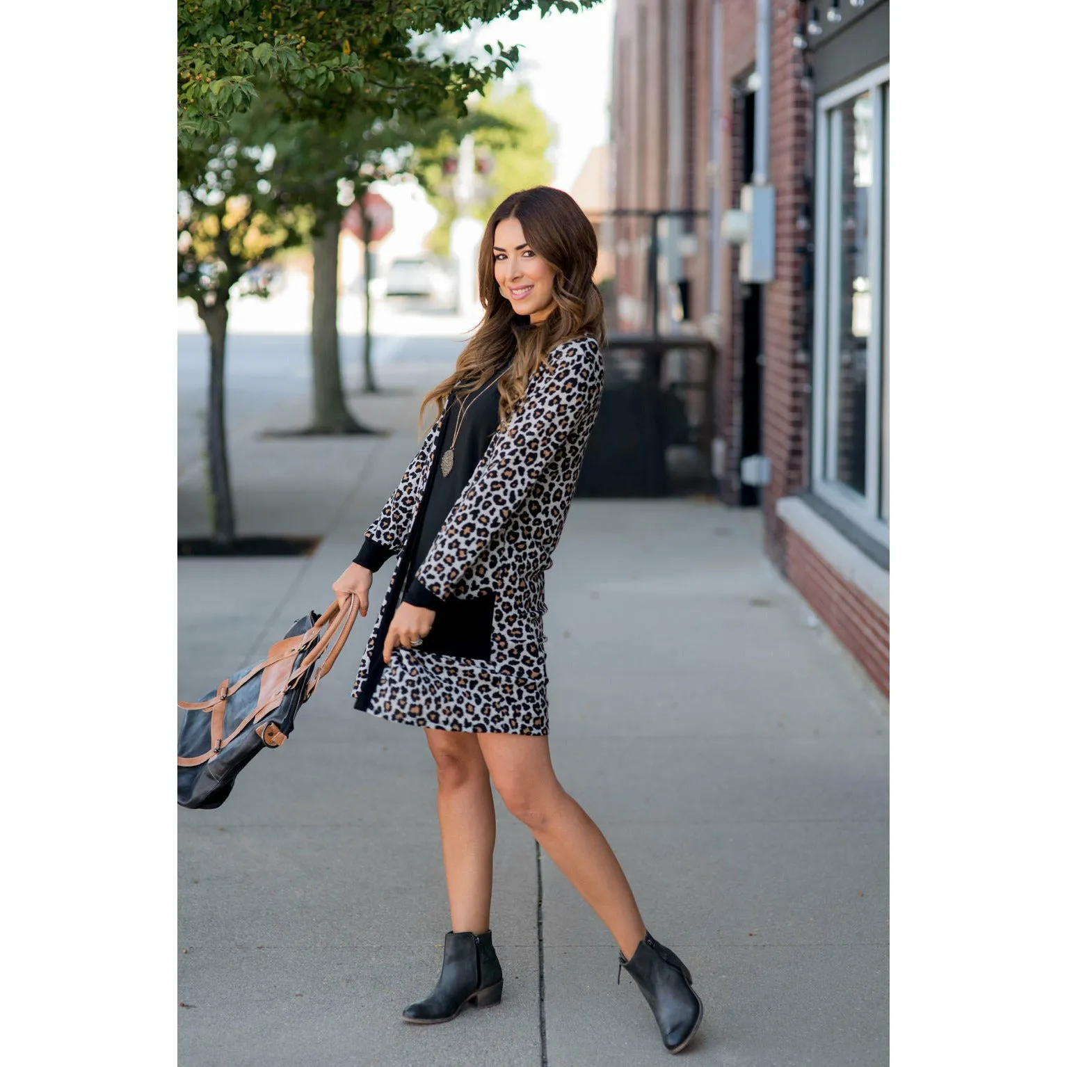 Mini Leopard Solid Trim Tunic Cardigan