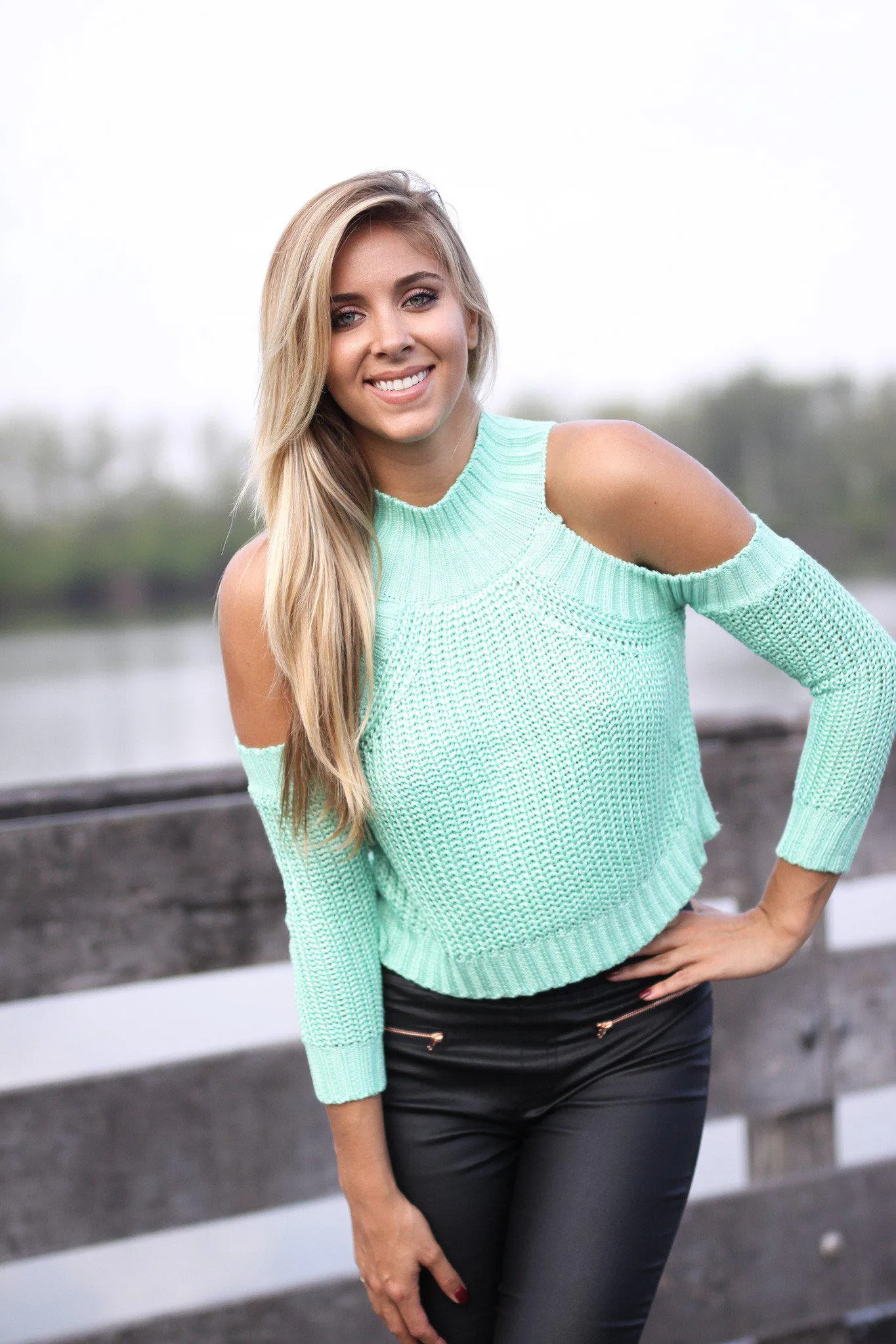 Mint Cropped Cold Shoulder Sweater