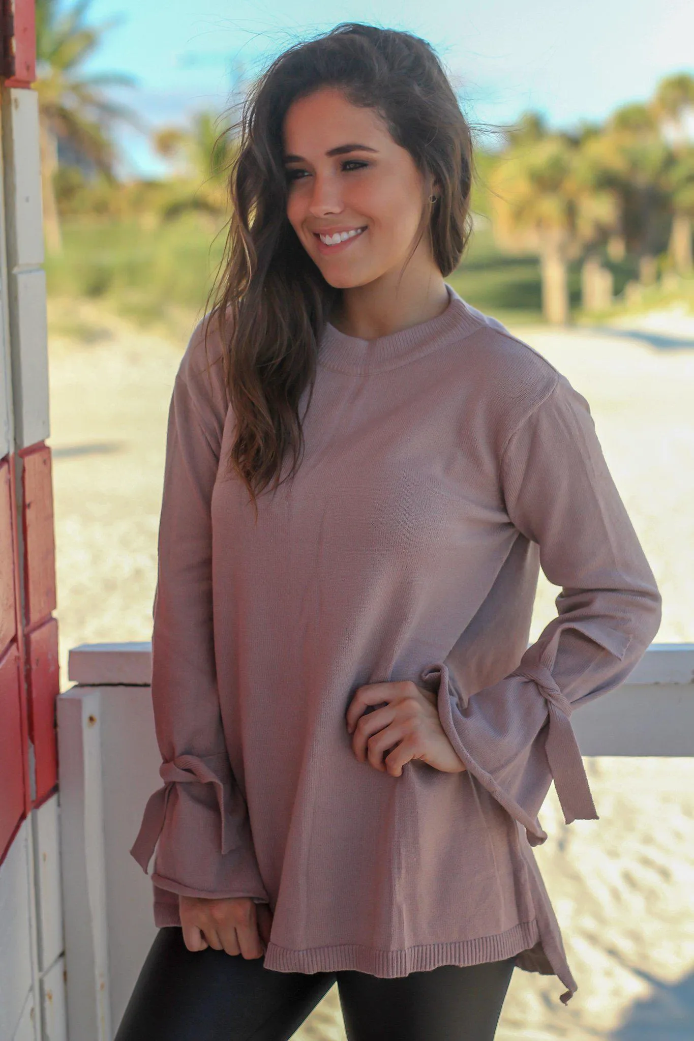 Mocha Knit Sweater with Tie Sleeves