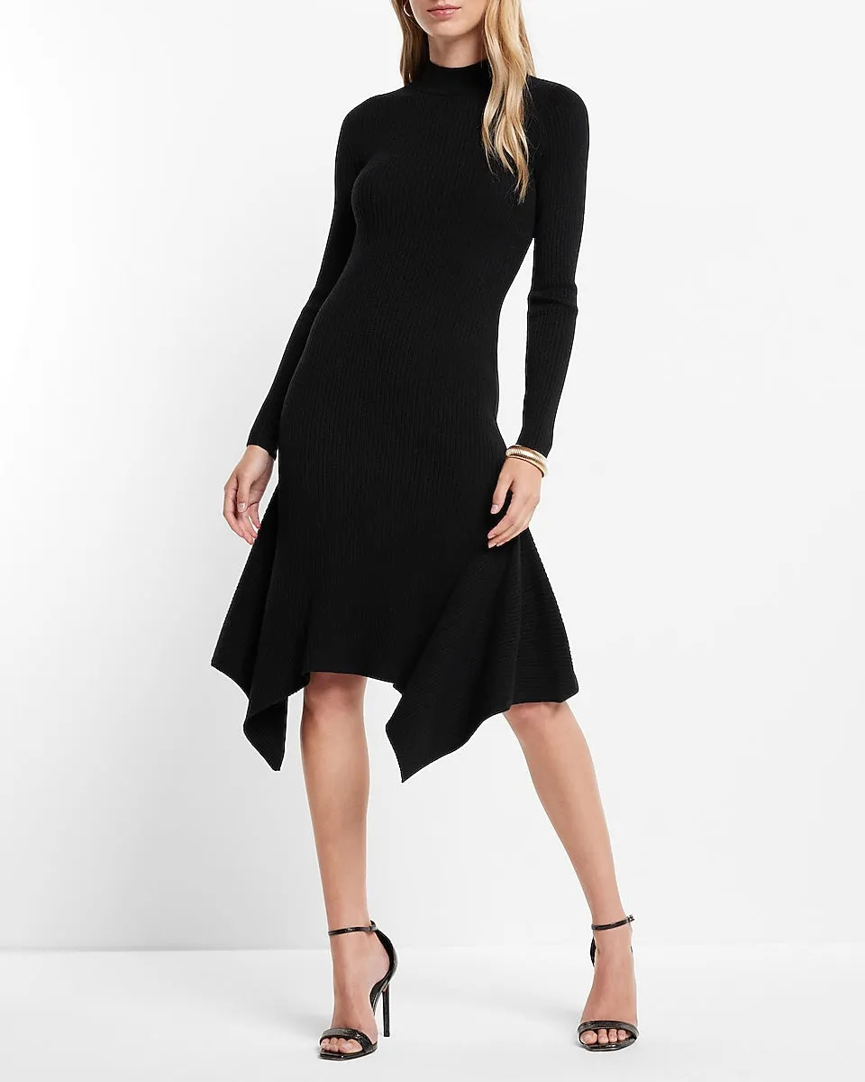 Mock Neck Ribbed Asymmetrical Hem Sweater Midi Dress in Pitch Black