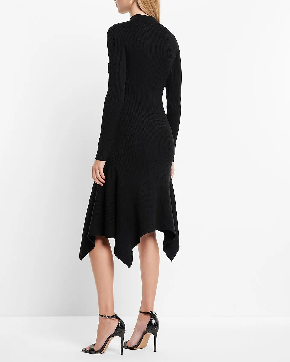 Mock Neck Ribbed Asymmetrical Hem Sweater Midi Dress in Pitch Black