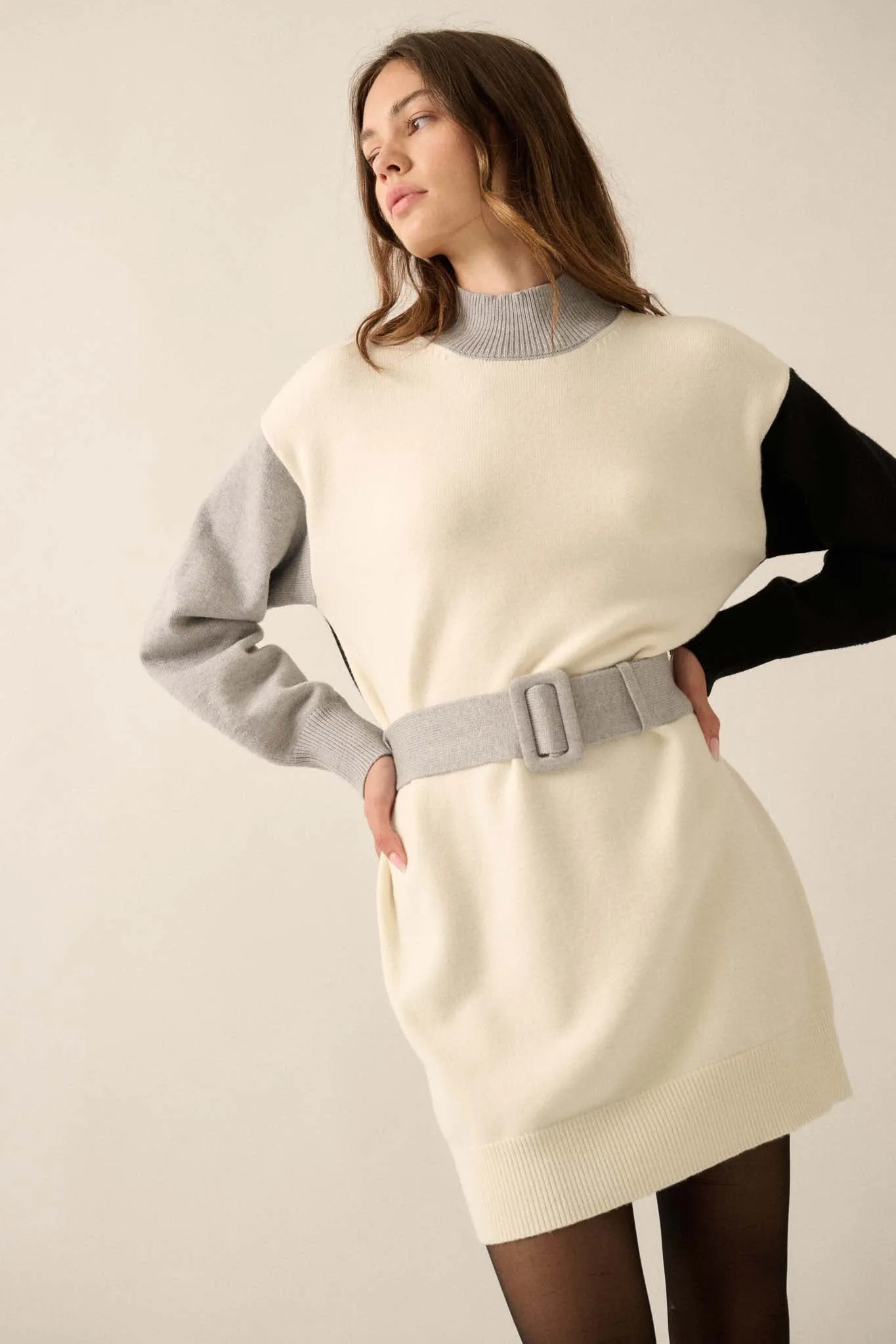 Modern Moment Colorblock Belted Mini Sweater Dress