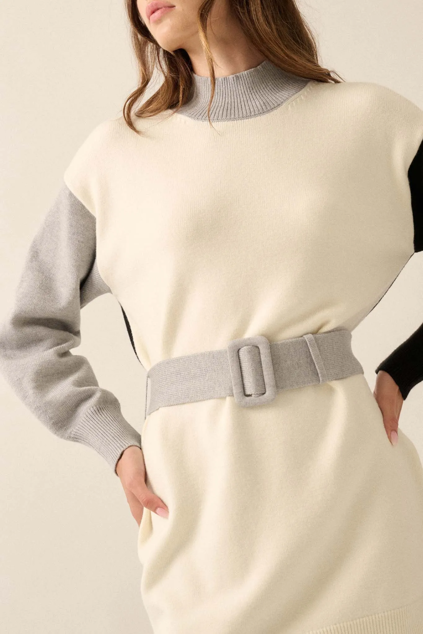 Modern Moment Colorblock Belted Mini Sweater Dress