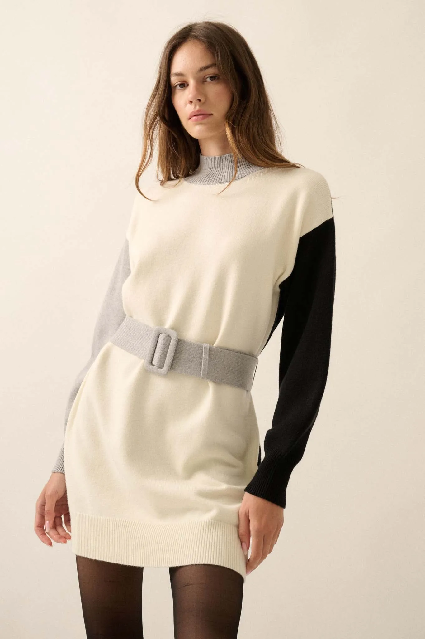 Modern Moment Colorblock Belted Mini Sweater Dress