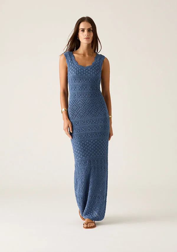 Mos The Label Bruna Pointelle Midi Dress – Harbour Blue