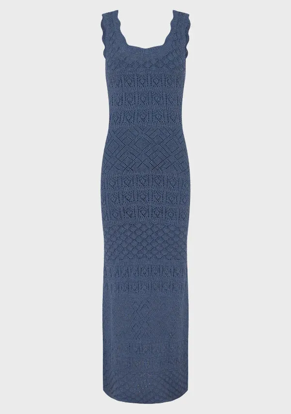 Mos The Label Bruna Pointelle Midi Dress – Harbour Blue