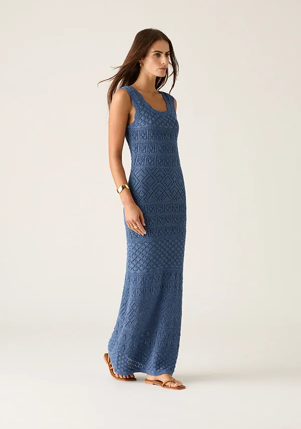 Mos The Label Bruna Pointelle Midi Dress – Harbour Blue