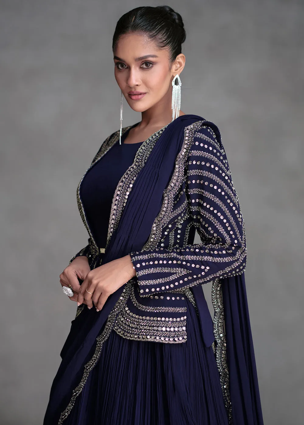 Navy Blue Crop Top Style Designer Indo Western Lehenga