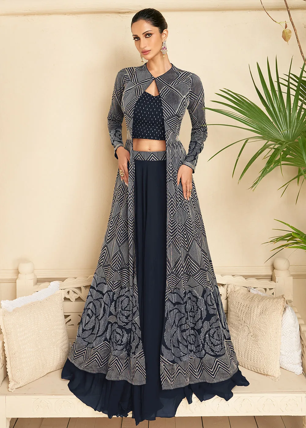 Navy Blue Jacket Style Wedding Party Lehenga Skirt Suit