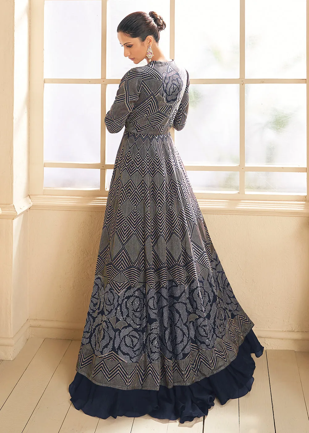 Navy Blue Jacket Style Wedding Party Lehenga Skirt Suit