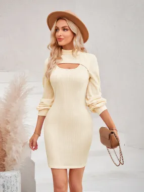 New women's hollow solid color slim long-sleeved hip dress