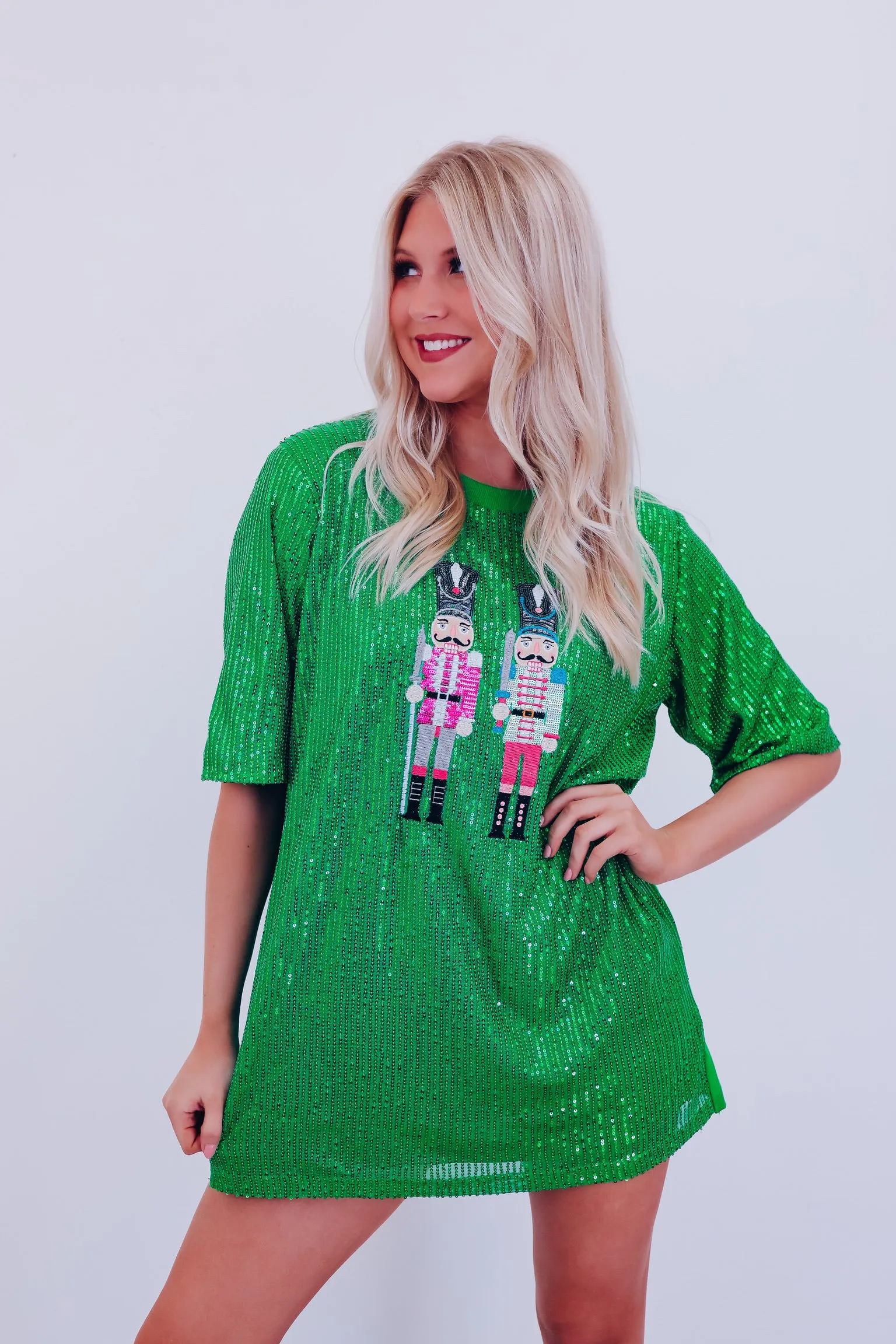 Nut Cracker Sequin Mini T-Shirt Dress - Green