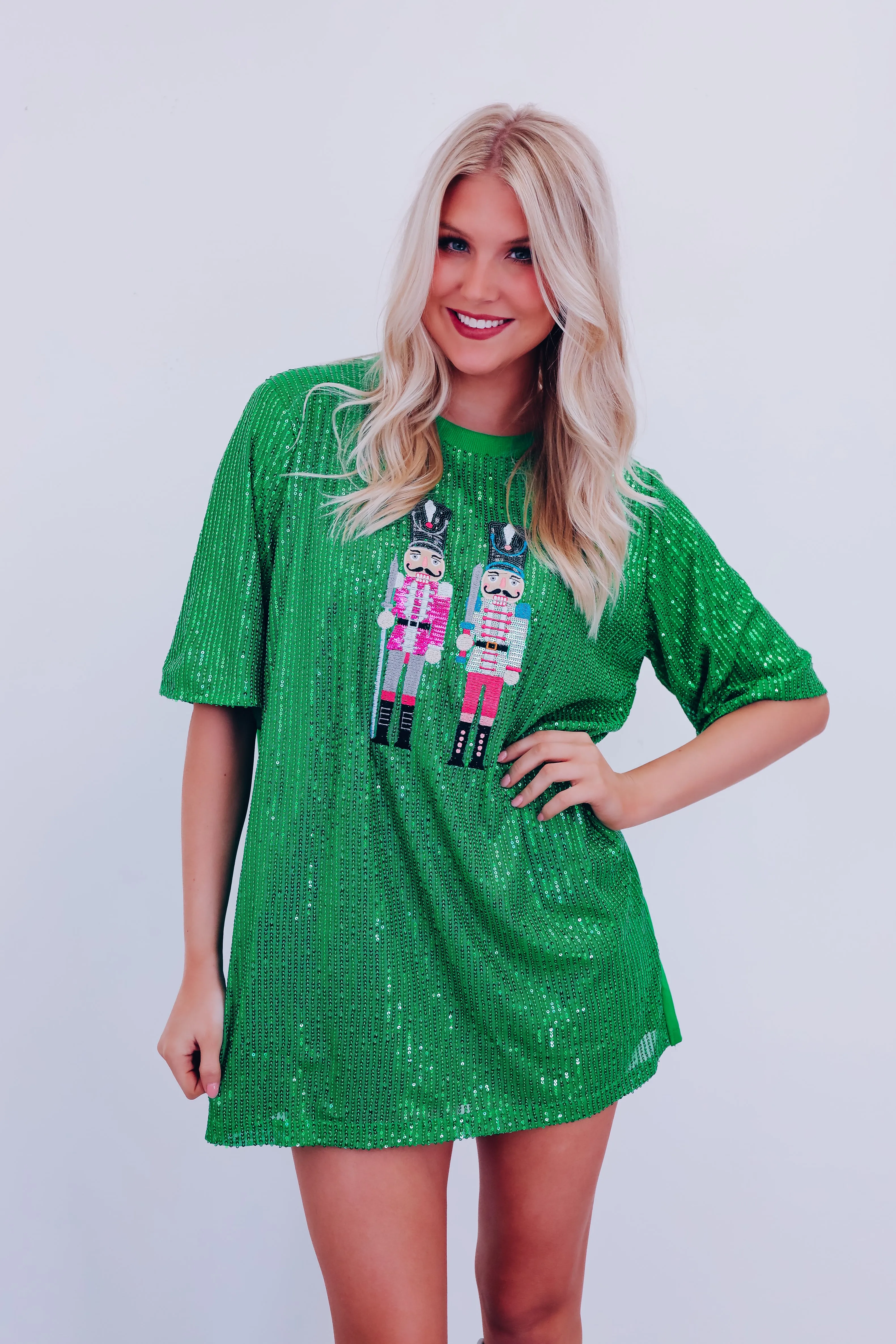 Nut Cracker Sequin Mini T-Shirt Dress - Green