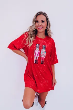 Nut Cracker Sequin Mini T-Shirt Dress - Red