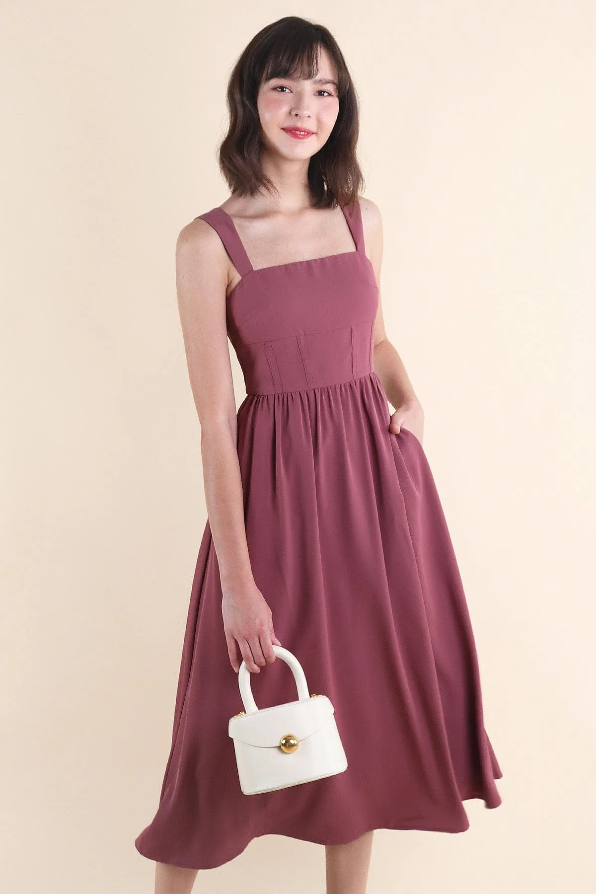 OASIS BUSTIER DRESS IN MAUVE BRICK