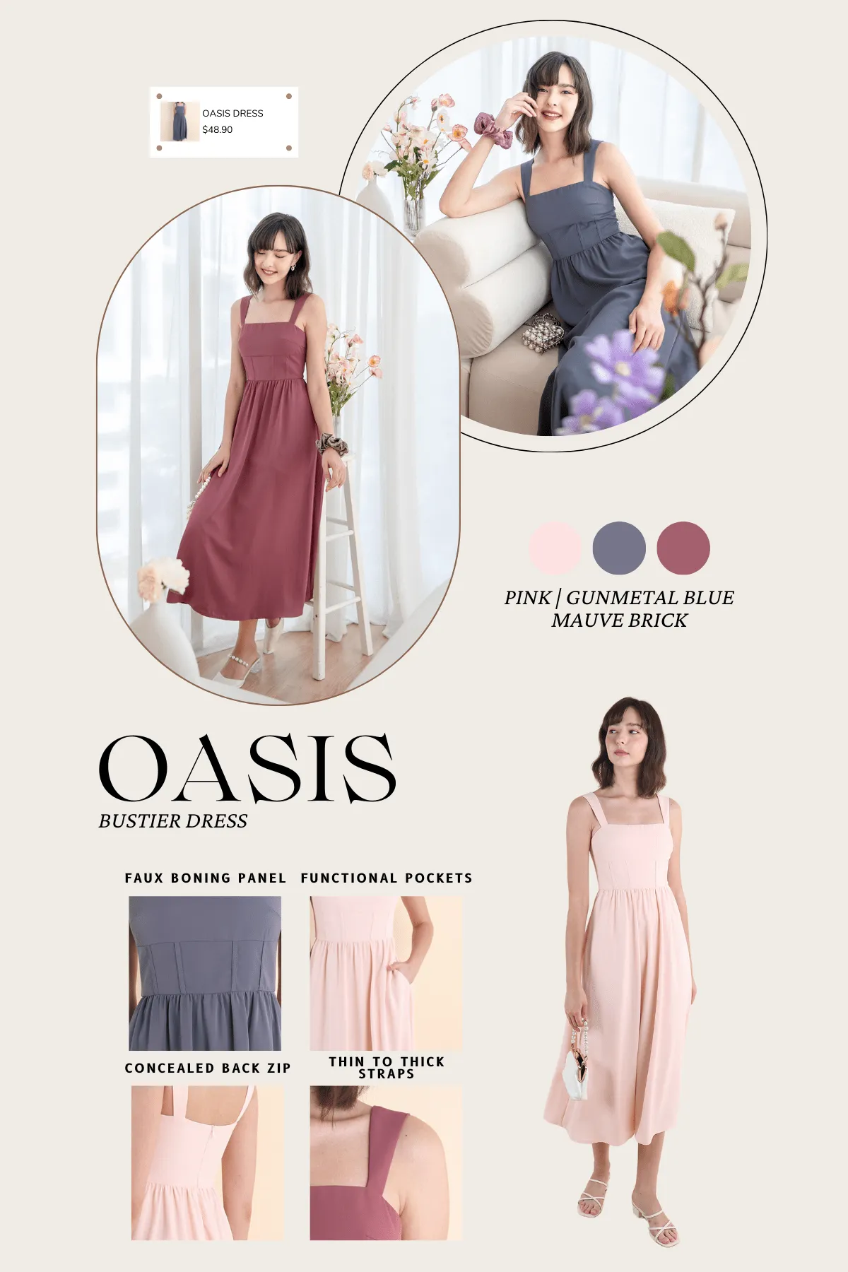 OASIS BUSTIER DRESS IN MAUVE BRICK