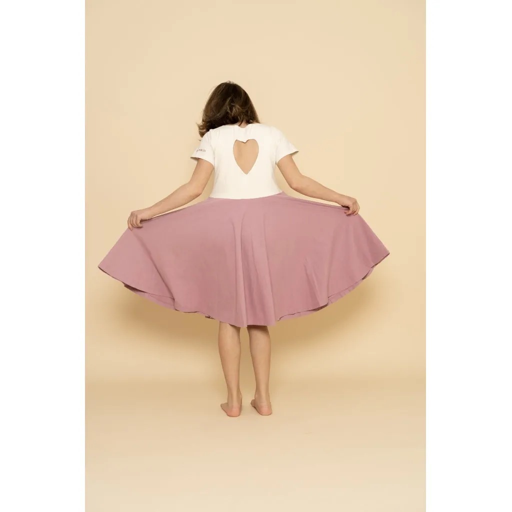 Open Heart Twirl Dress | GOTS - Creamy White, Mauve Rose