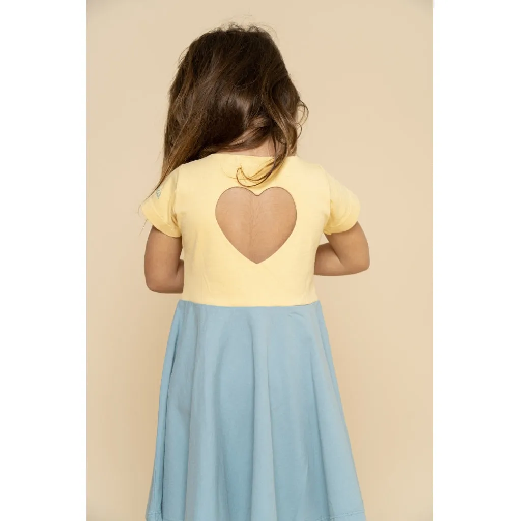 Open Heart Twirl Dress | GOTS - Mellow Yellow, Sky Blue