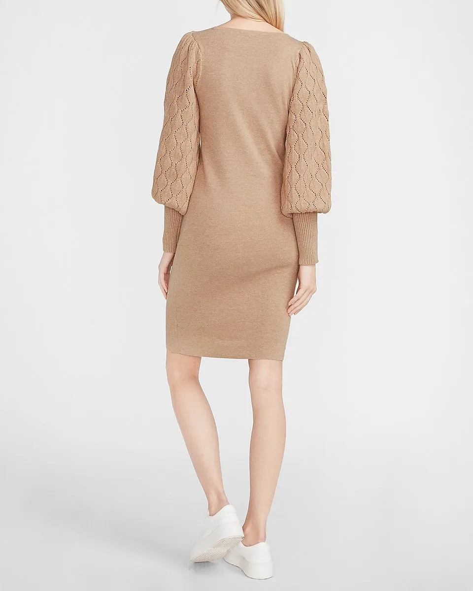 Open Stitch Balloon Sleeve Sweater Dress in Camel Heather