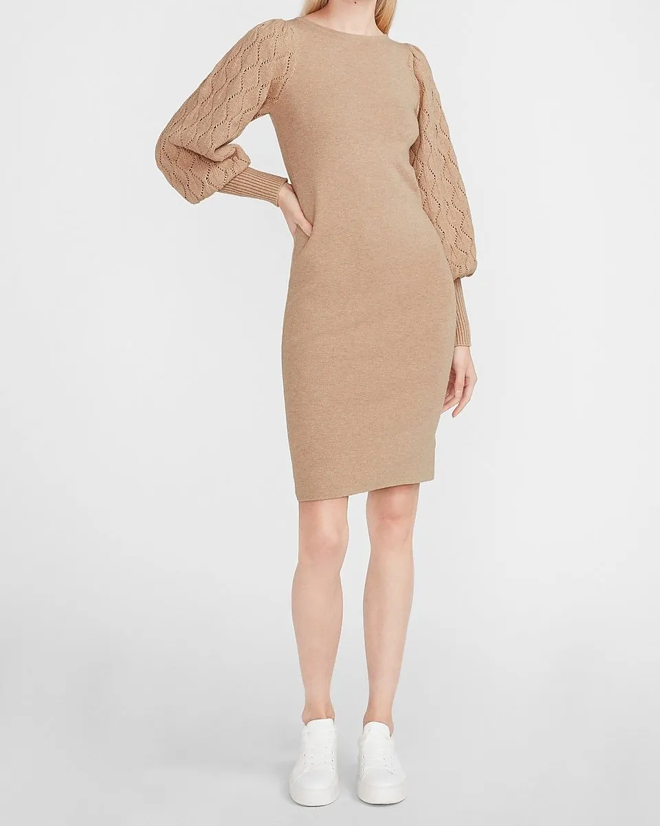 Open Stitch Balloon Sleeve Sweater Dress in Camel Heather