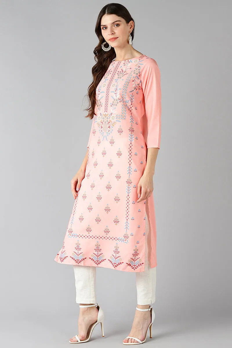 Peach Coloured & Blue Ethnic Motif Print Straight Kurta