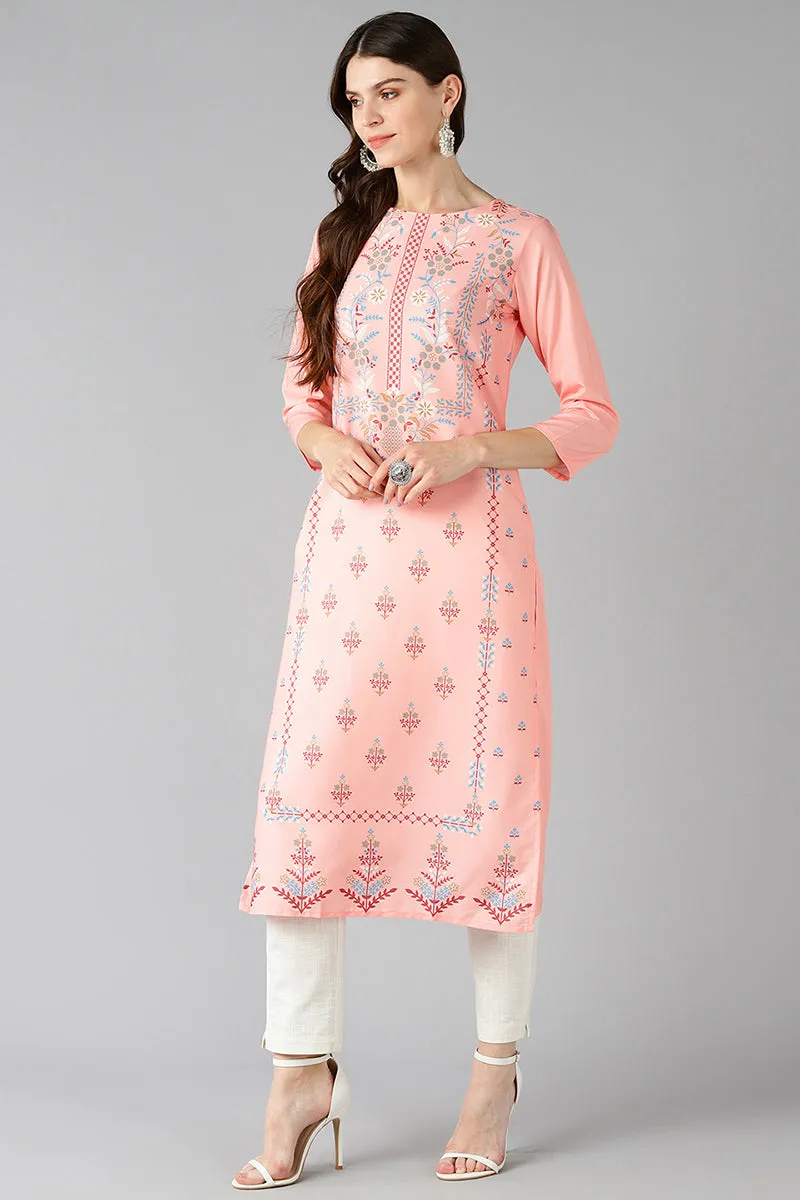 Peach Coloured & Blue Ethnic Motif Print Straight Kurta