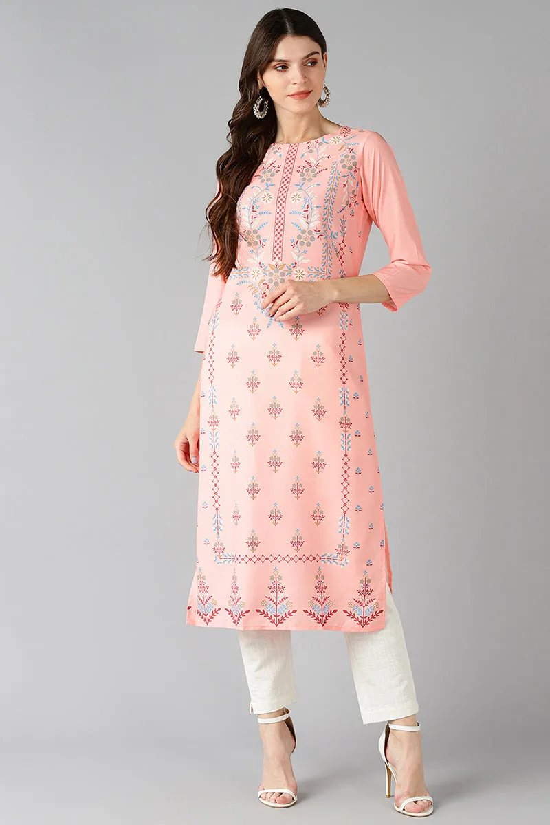 Peach Coloured & Blue Ethnic Motif Print Straight Kurta