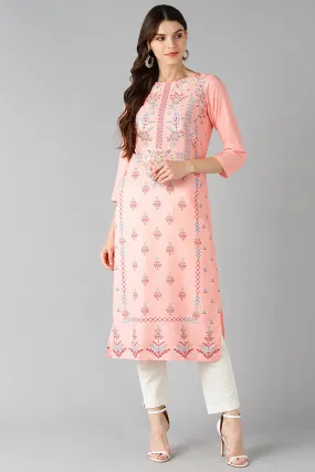 Peach Coloured & Blue Ethnic Motif Print Straight Kurta