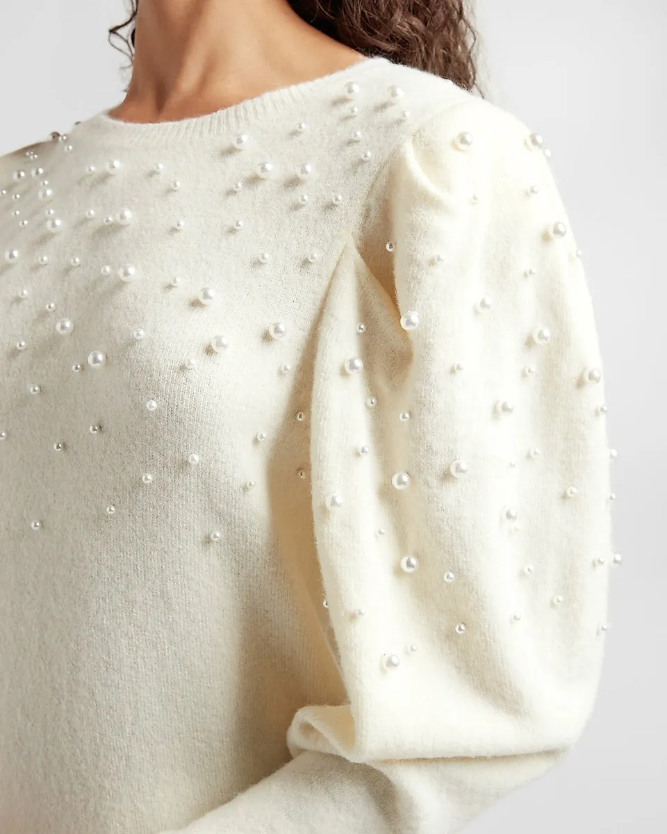 Pearl Embellished Puff Sleeve Sweater Dress in Swan