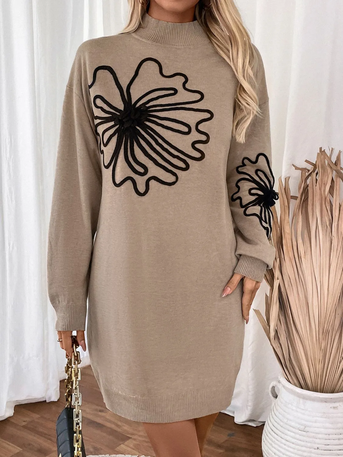 Perfee Flower Mock Neck Long Sleeve Sweater Dress