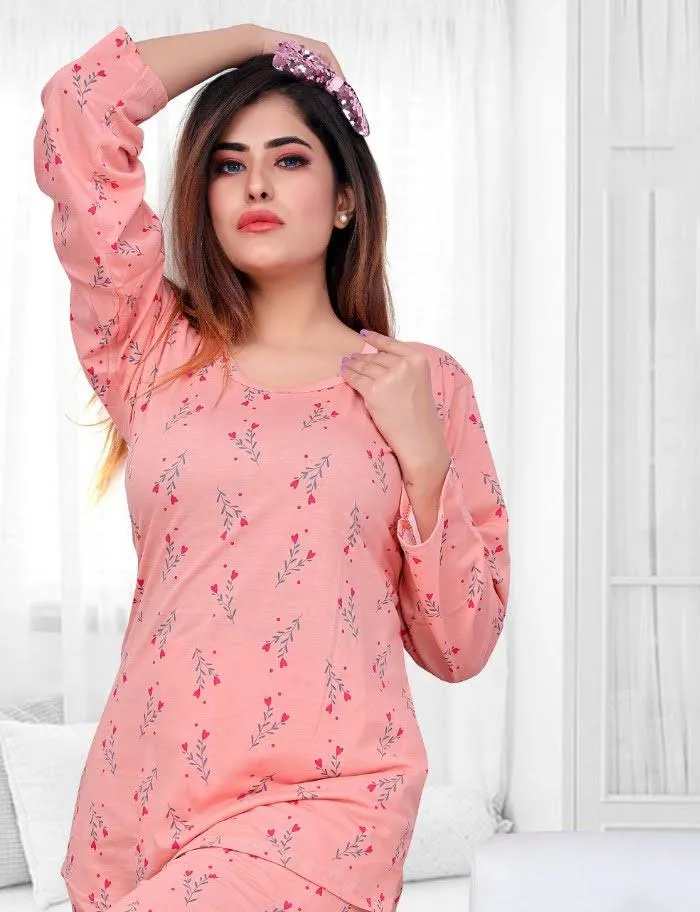 Pink Printed Long Top Cotton Night Suit for Ladies