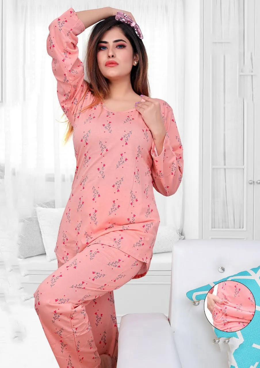 Pink Printed Long Top Cotton Night Suit for Ladies