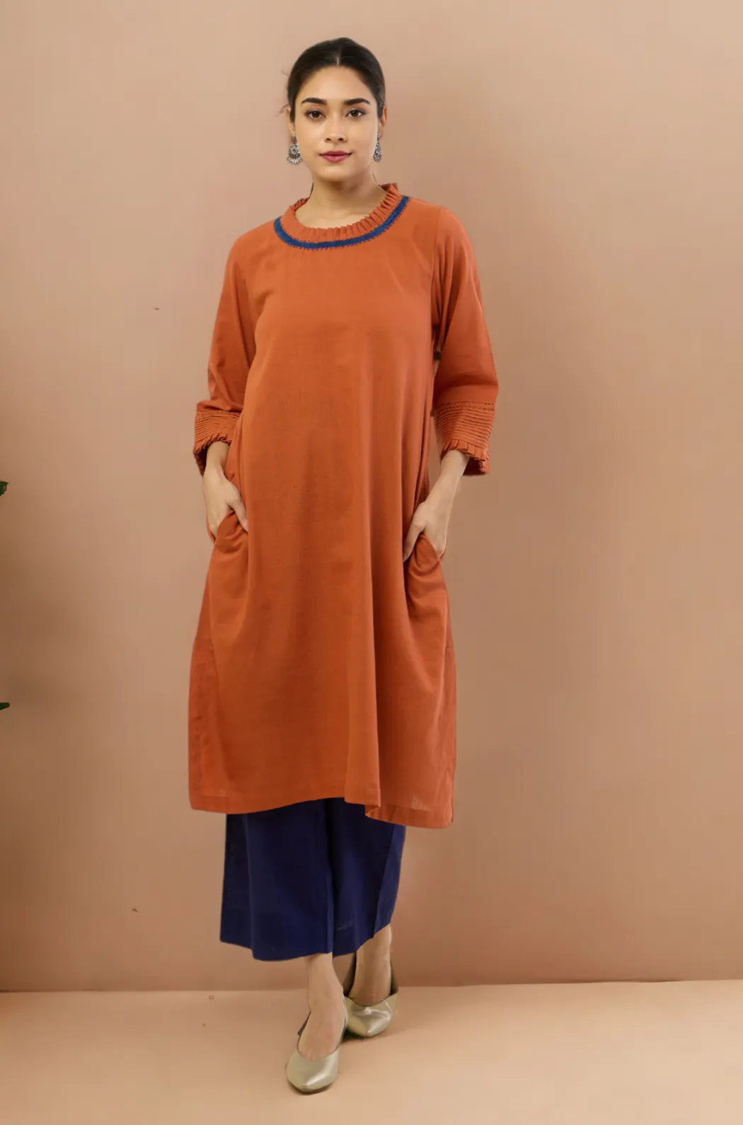 pleated neck & sleeves kurta with low slit - Autumnal Rust & Harmonious Songs