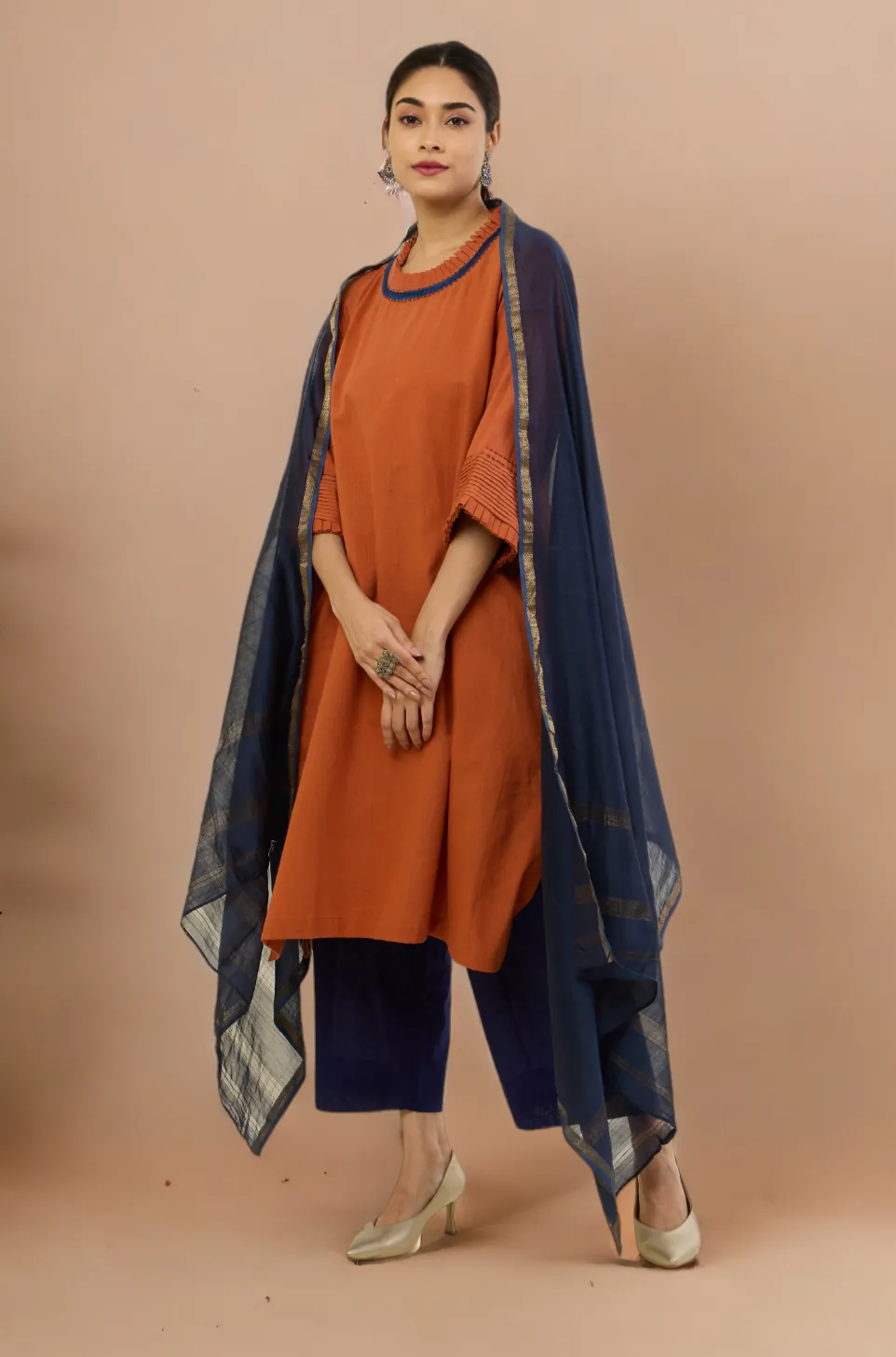 pleated neck & sleeves kurta with low slit - Autumnal Rust & Harmonious Songs