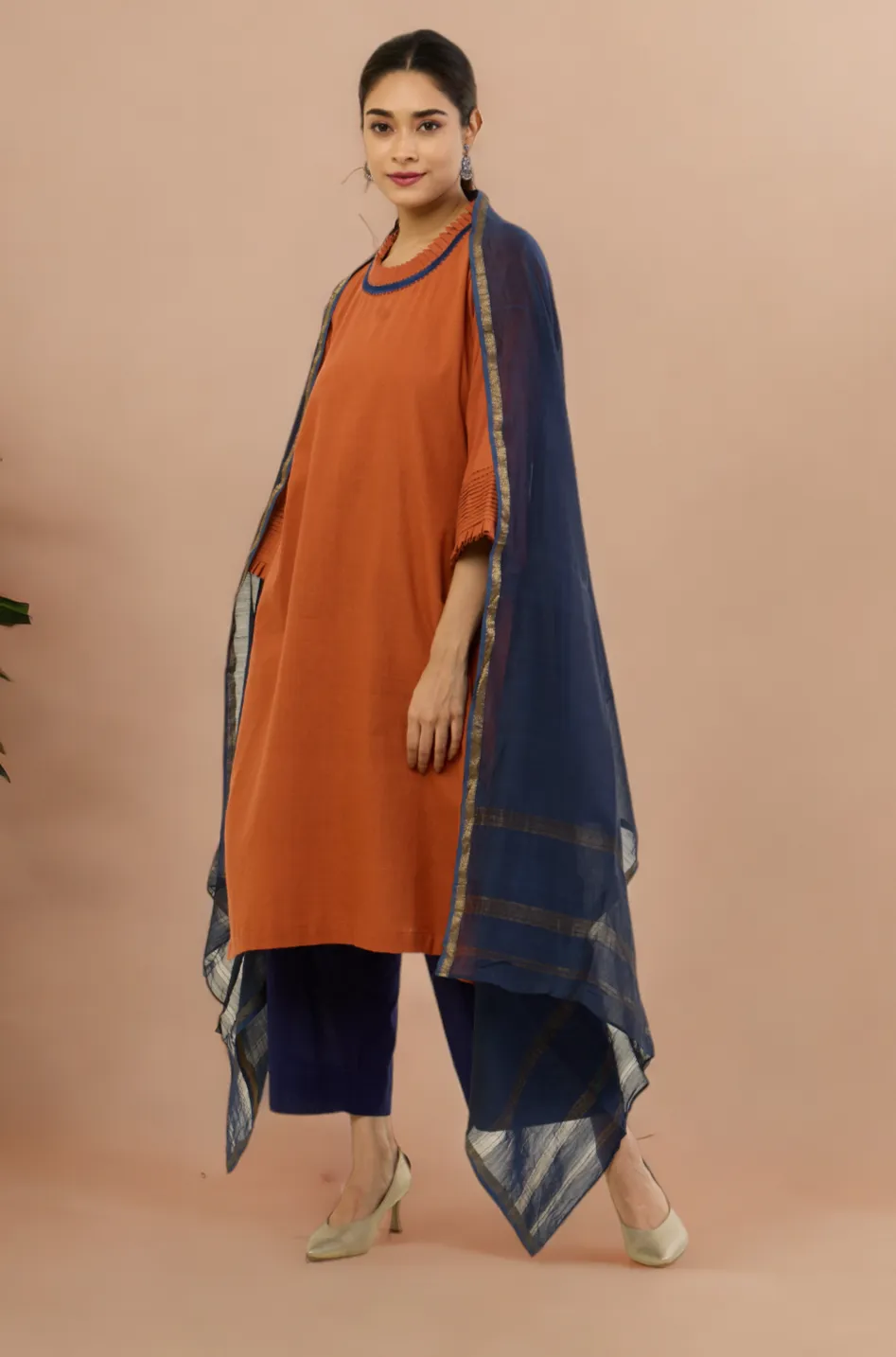 pleated neck & sleeves kurta with low slit - Autumnal Rust & Harmonious Songs