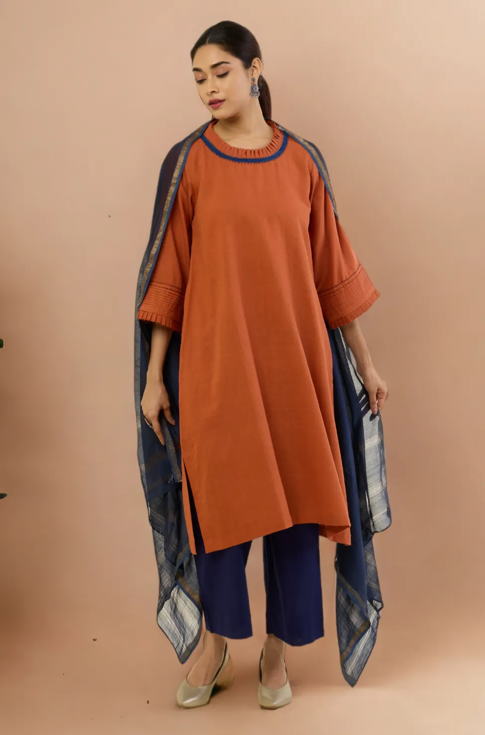 pleated neck & sleeves kurta with low slit - Autumnal Rust & Harmonious Songs