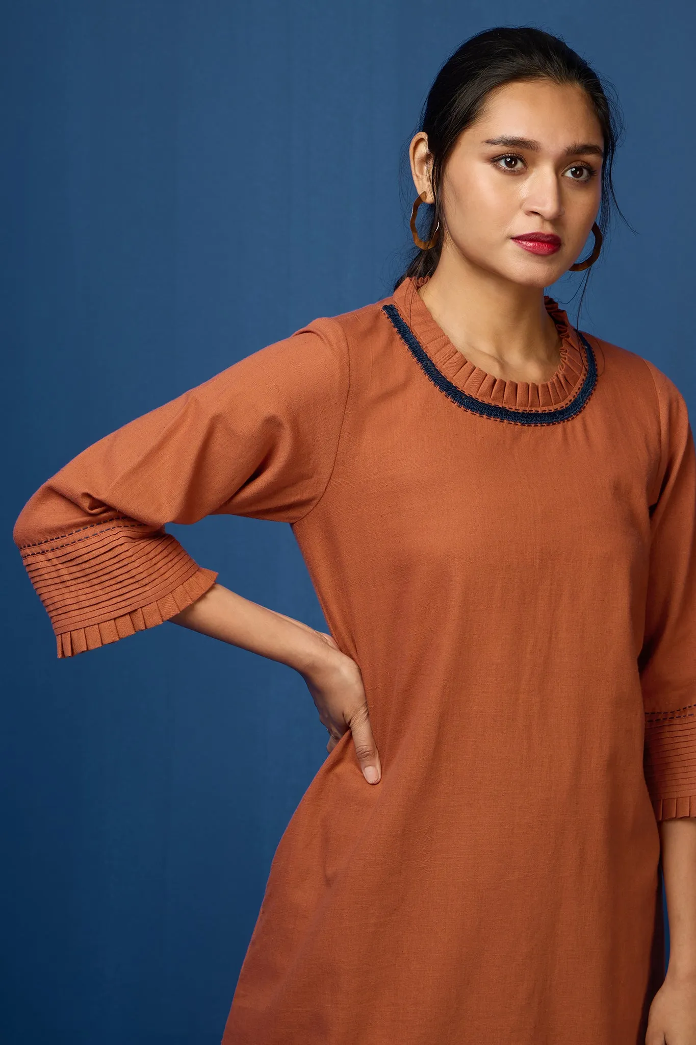 pleated neck & sleeves kurta with low slit - Autumnal Rust & Harmonious Songs