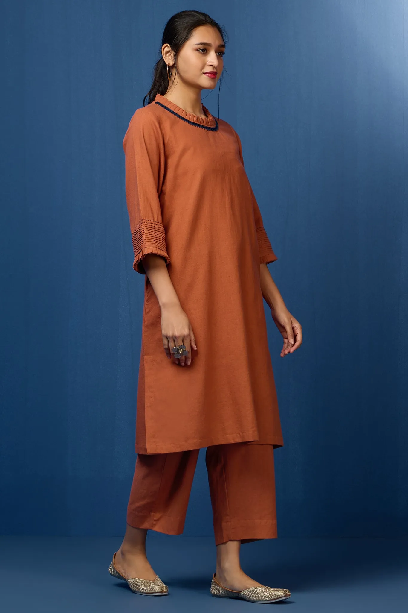 pleated neck & sleeves kurta with low slit - Autumnal Rust & Harmonious Songs