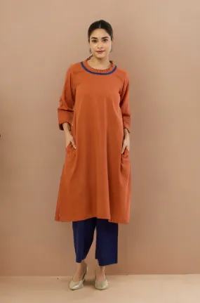 pleated neck & sleeves kurta with low slit - Autumnal Rust & Harmonious Songs