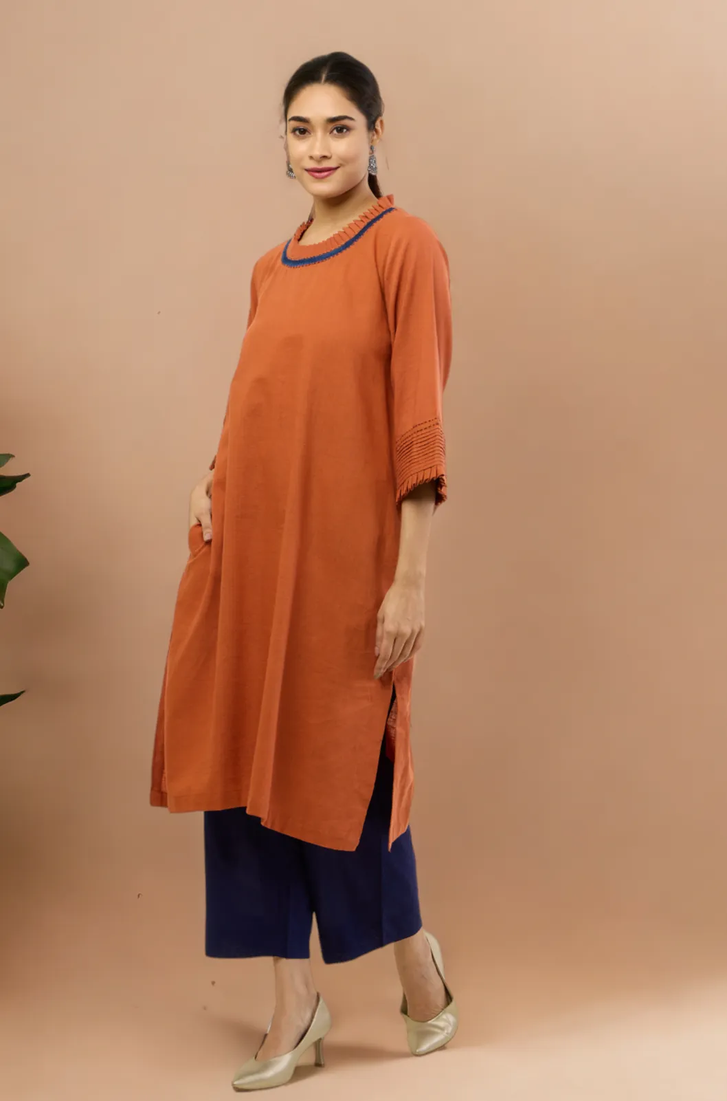 pleated neck & sleeves kurta with low slit - Autumnal Rust & Harmonious Songs