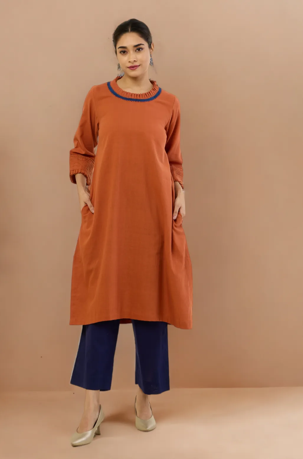 pleated neck & sleeves kurta with low slit - Autumnal Rust & Harmonious Songs