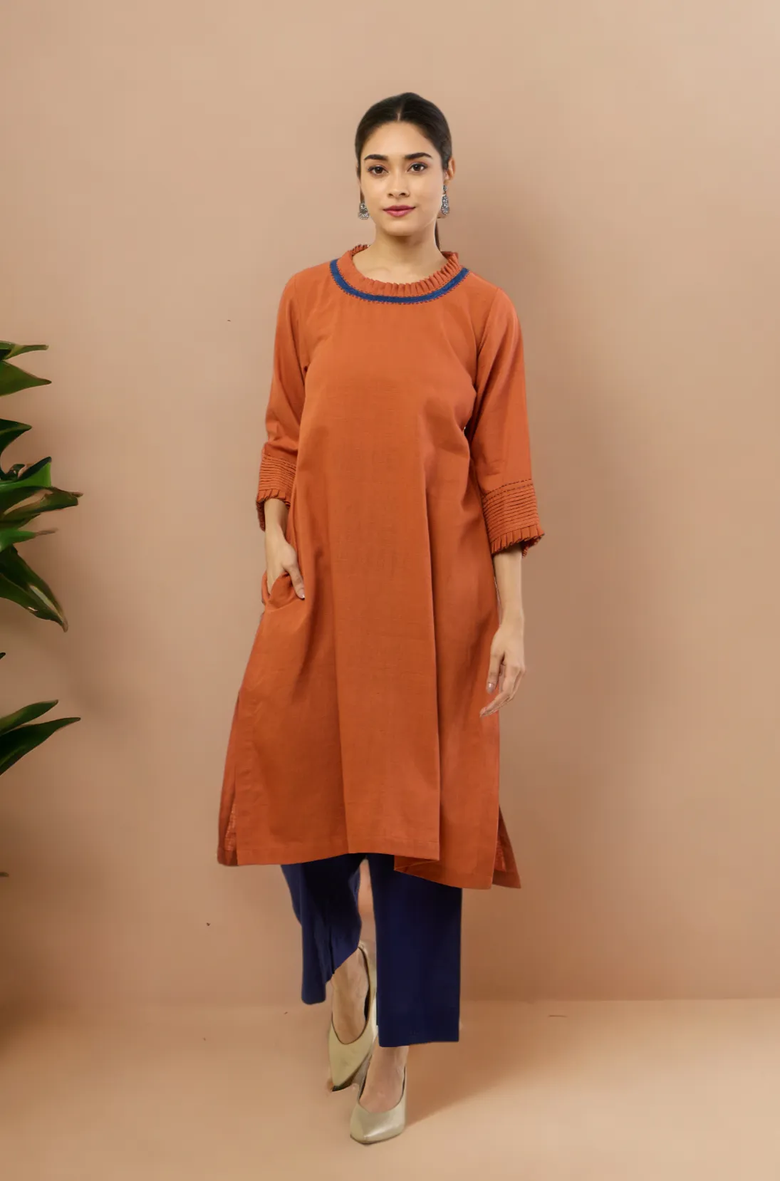 pleated neck & sleeves kurta with low slit - Autumnal Rust & Harmonious Songs